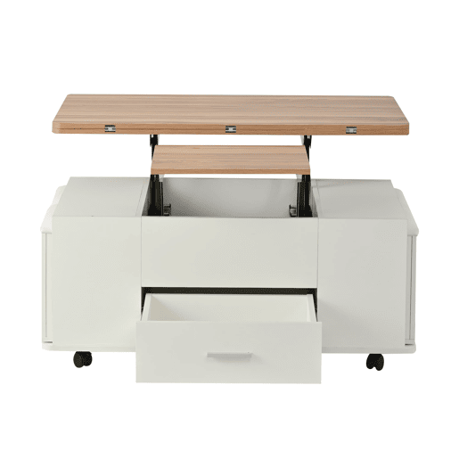 Mesa de centro ajustável - Multifuncional 4 em 1, com gavetas e 4 bancos - Branco + Madeira natural Mesa de centro ajustável - Multifuncional 4 em 1, com gavetas e 4 bancos - Branco + Madeira natural