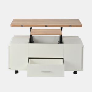 Mesa de centro ajustável - Multifuncional 4 em 1, com gavetas e 4 bancos - Branco + Madeira natural