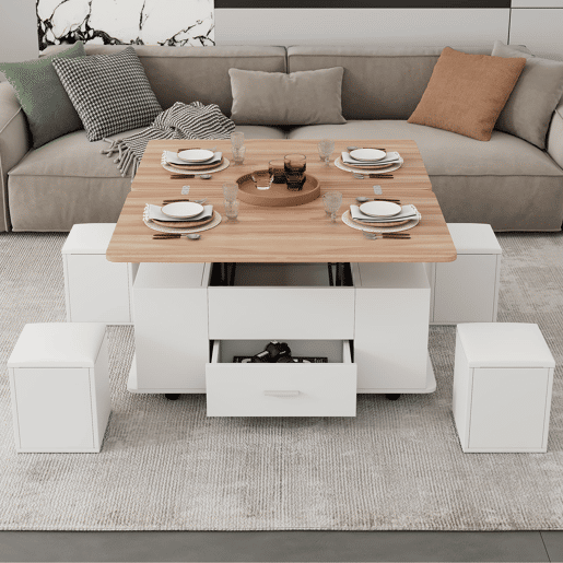 Mesa de centro ajustável - Multifuncional 4 em 1, com gavetas e 4 bancos - Branco + Madeira natural Mesa de centro ajustável - Multifuncional 4 em 1, com gavetas e 4 bancos - Branco + Madeira natural