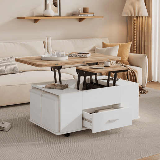 Mesa de centro ajustável - Multifuncional 4 em 1, com gavetas e 4 bancos - Branco + Madeira natural Mesa de centro ajustável - Multifuncional 4 em 1, com gavetas e 4 bancos - Branco + Madeira natural