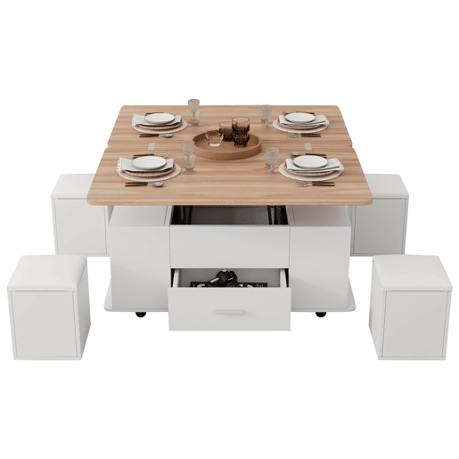 Mesa de centro ajustável - Multifuncional 4 em 1, com gavetas e 4 bancos - Branco + Madeira natural Mesa de centro ajustável - Multifuncional 4 em 1, com gavetas e 4 bancos - Branco + Madeira natural