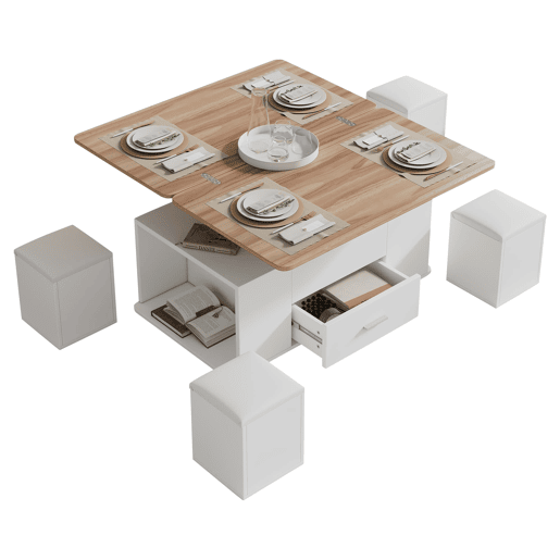 Mesa de centro ajustável - Multifuncional 4 em 1, com gavetas e 4 bancos - Branco + Madeira natural Mesa de centro ajustável - Multifuncional 4 em 1, com gavetas e 4 bancos - Branco + Madeira natural