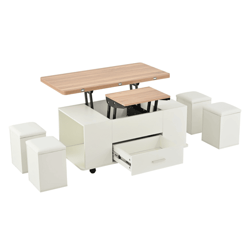 Mesa de centro ajustável - Multifuncional 4 em 1, com gavetas e 4 bancos - Branco + Madeira natural Mesa de centro ajustável - Multifuncional 4 em 1, com gavetas e 4 bancos - Branco + Madeira natural
