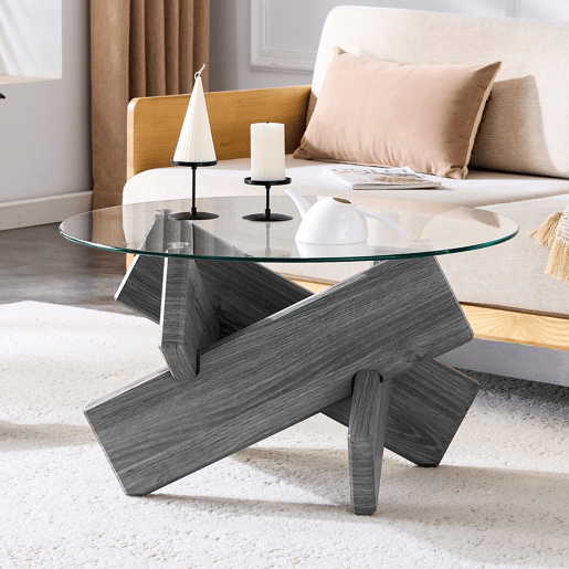 Mesa de centro redonda 79 cm - pernas cruzadas cinza, vidro temperado - CinzaTransparente