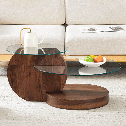 Mesa de centro moderna - design multicamadas, suporte em MDF - TransparenteNogueira