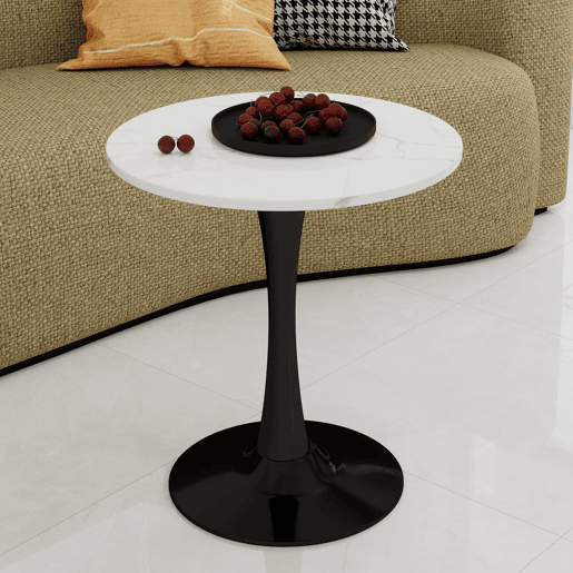 Mesa de centro 70 cm - estilo moderno mid-century, redonda, mármore branco - preto e branco