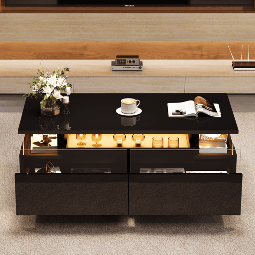 Mesa de centro 90 * 45 * 35,5 cm - Mesa de centro com tabuleiro, 2 gavetas, mesa de apoio em vidro temperado com luz LED - Preto