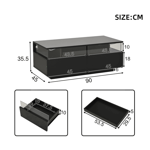 Mesa de centro 90 * 45 * 35,5 cm - Mesa de centro com tabuleiro, 2 gavetas, mesa de apoio em vidro temperado com luz LED - Preto