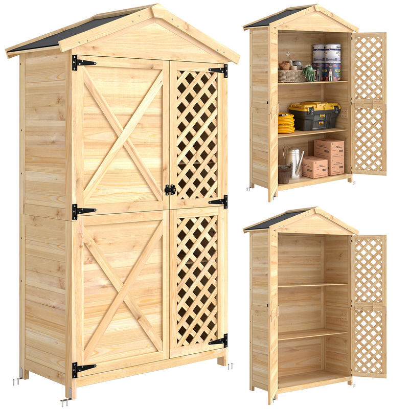 Outsunny armario de exterior de madera caseta jardín exterior con techo de asfalto 2 puertas ventiladas con pestillo 2 estantes extraíbles cobertizo de jardín para almacenaje herramientas natural