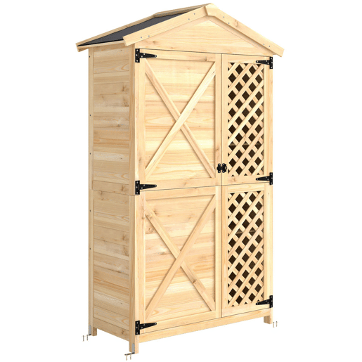 Outsunny Armário Exterior de Madeira Caseta de Jardim com Telhado de Asfalto 2 Portas Ventiladas com Fecho 2 Prateleiras Removíveis para Arrumação de Ferramentas Madeira