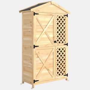 Outsunny Armário Exterior de Madeira Caseta de Jardim com Telhado de Asfalto 2 Portas Ventiladas com Fecho 2 Prateleiras Removíveis para Arrumação de Ferramentas Madeira