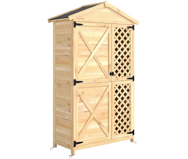 Outsunny armario de exterior de madera caseta jardín exterior con techo de asfalto 2 puertas ventiladas con pestillo 2 estantes extraíbles cobertizo