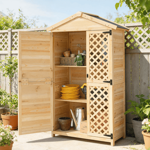 Outsunny Armário Exterior de Madeira Caseta de Jardim com Telhado de Asfalto 2 Portas Ventiladas com Fecho 2 Prateleiras Removíveis para Arrumação de Ferramentas Madeira