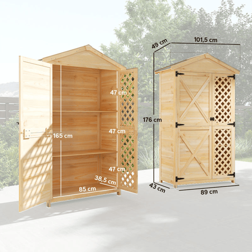 Outsunny Armário Exterior de Madeira Caseta de Jardim com Telhado de Asfalto 2 Portas Ventiladas com Fecho 2 Prateleiras Removíveis para Arrumação de Ferramentas Madeira