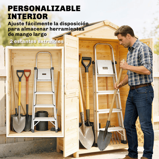 Outsunny Armário Exterior de Madeira Caseta de Jardim com Telhado de Asfalto 2 Portas Ventiladas com Fecho 2 Prateleiras Removíveis para Arrumação de Ferramentas Madeira