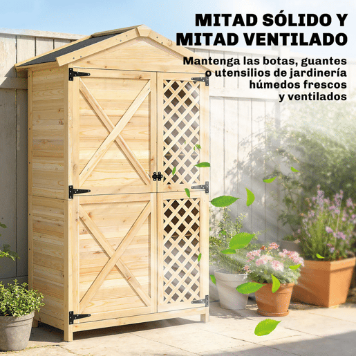 Outsunny Armário Exterior de Madeira Caseta de Jardim com Telhado de Asfalto 2 Portas Ventiladas com Fecho 2 Prateleiras Removíveis para Arrumação de Ferramentas Madeira