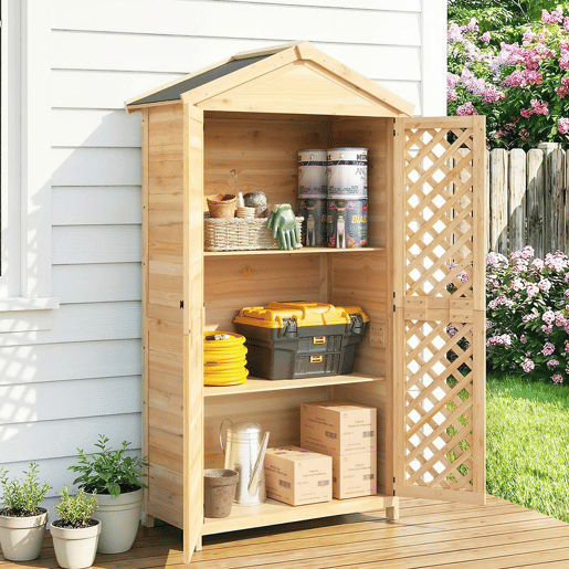 Outsunny Armário Exterior de Madeira Caseta de Jardim com Telhado de Asfalto 2 Portas Ventiladas com Fecho 2 Prateleiras Removíveis para Arrumação de Ferramentas Madeira