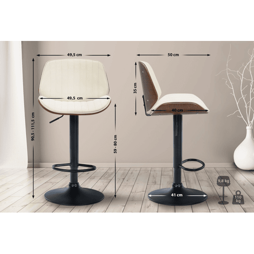 Banqueta de bar de design moderno com costura vertical em madeira de nogueira PVC creme e metal preto 10_0005295