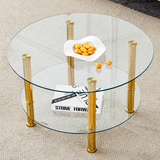 Mesa de centro com 2 níveis - Design luxuoso, estável e espaçoso - Dourado e transparente