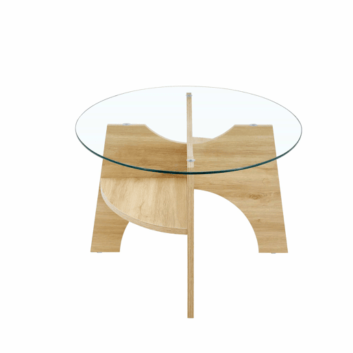 Mesa de café ovalada em vidro temperado u2013 104,9 x 60 cm - Design multifuncional, estrutura com elementos angulares e função de armazenamento integrada - Cor transparente, madeira
