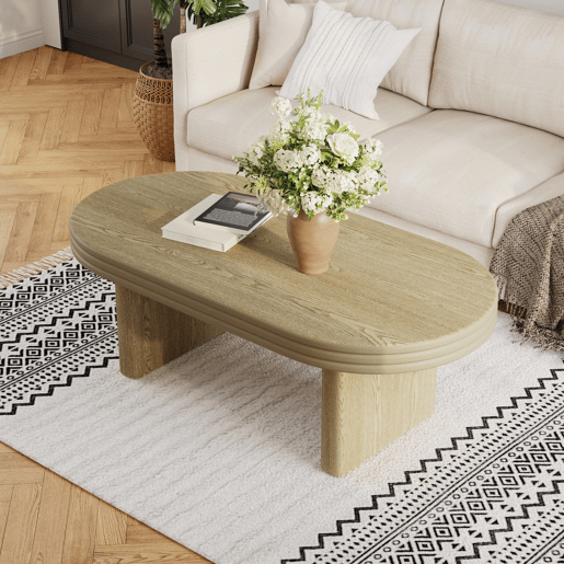Mesa de centro ovalada 120x60cm - Estilo mid century, madeira rústica, versátil - Natural