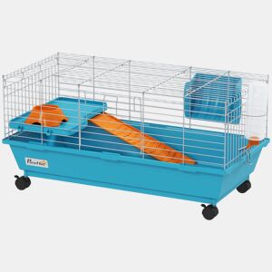 PawHut Gaiola para Animais Pequenos Gaiola para Roedores com Rodas Garrafa de Água Comedouro Dispensador de Feno Plataforma Rampa Bandeja Removível para Coelhos e Porquinhos-da-Índia 89x44x43 cm, Azul