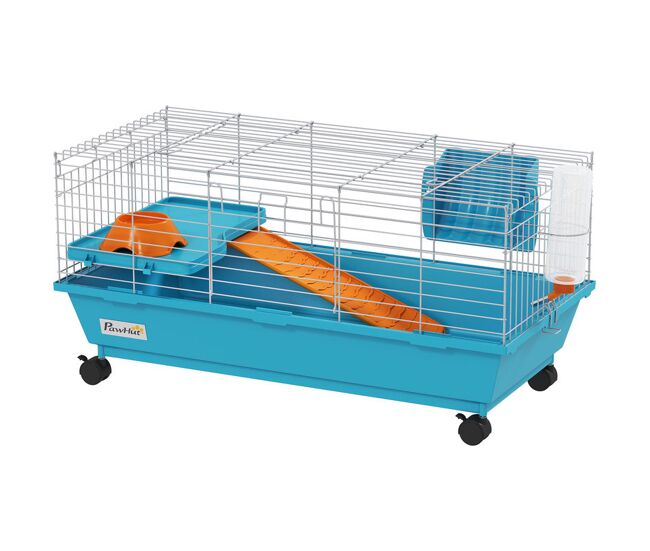 Pawhut jaula para animales pequeños, jaula para roedores con ruedas, botella de agua, comedero, dispensador de heno, plataforma, rampa, bandeja extraíble, para conejos y cobayas, 89x44x43 cm, azul