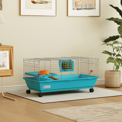 PawHut Gaiola para Animais Pequenos Gaiola para Roedores com Rodas Garrafa de Água Comedouro Dispensador de Feno Plataforma Rampa Bandeja Removível para Coelhos e Porquinhos-da-Índia 89x44x43 cm, Azul