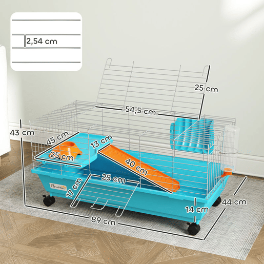 PawHut Gaiola para Animais Pequenos Gaiola para Roedores com Rodas Garrafa de Água Comedouro Dispensador de Feno Plataforma Rampa Bandeja Removível para Coelhos e Porquinhos-da-Índia 89x44x43 cm, Azul