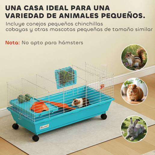 PawHut Gaiola para Animais Pequenos Gaiola para Roedores com Rodas Garrafa de Água Comedouro Dispensador de Feno Plataforma Rampa Bandeja Removível para Coelhos e Porquinhos-da-Índia 89x44x43 cm, Azul