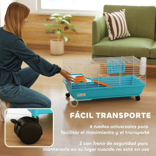 PawHut Gaiola para Animais Pequenos Gaiola para Roedores com Rodas Garrafa de Água Comedouro Dispensador de Feno Plataforma Rampa Bandeja Removível para Coelhos e Porquinhos-da-Índia 89x44x43 cm, Azul