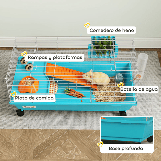 PawHut Gaiola para Animais Pequenos Gaiola para Roedores com Rodas Garrafa de Água Comedouro Dispensador de Feno Plataforma Rampa Bandeja Removível para Coelhos e Porquinhos-da-Índia 89x44x43 cm, Azul