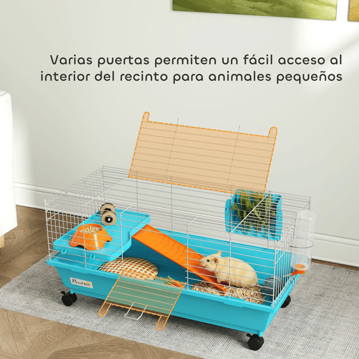 PawHut Gaiola para Animais Pequenos Gaiola para Roedores com Rodas Garrafa de Água Comedouro Dispensador de Feno Plataforma Rampa Bandeja Removível para Coelhos e Porquinhos-da-Índia 89x44x43 cm, Azul