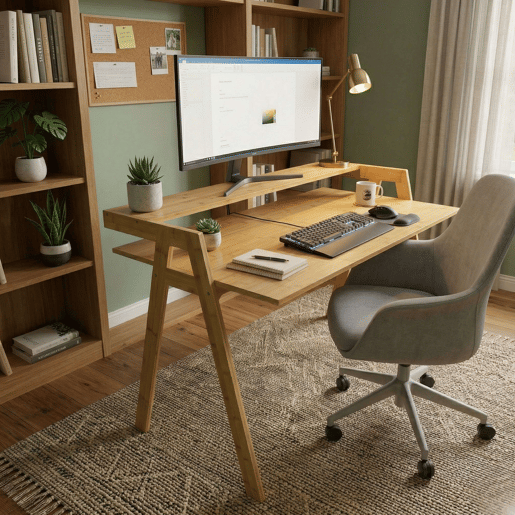 Mesa de bambu Take, mesa para computador, estudo, escritório, marrom, 113x75x60 cm