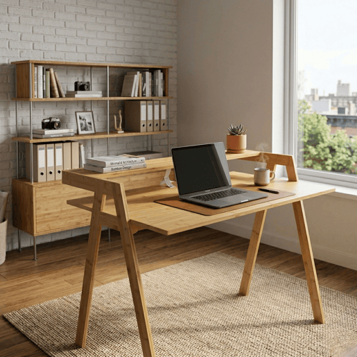 Mesa de bambu Take, mesa para computador, estudo, escritório, marrom, 113x75x60 cm