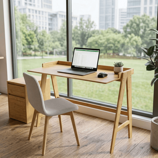 Mesa de estudo em bambu marrom, mesa de computador marrom 107x81x47 cm