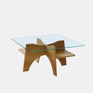 Mesa auxiliar quadrada moderna  mesa de sala de vidro temperado u2013 80 cm de lado. Pernas da mesa em MDF com folheado de madeira clara. - Cor: Transparente, Madeira