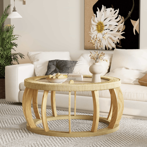 Mesa de centro redonda em rattan e madeira maciça - pernas curvas, estilo boho - natural