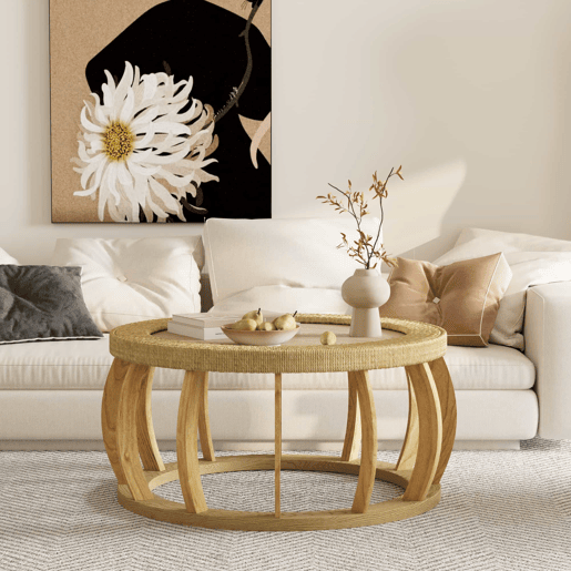 Mesa de centro redonda em rattan e madeira maciça - pernas curvas, estilo boho - natural