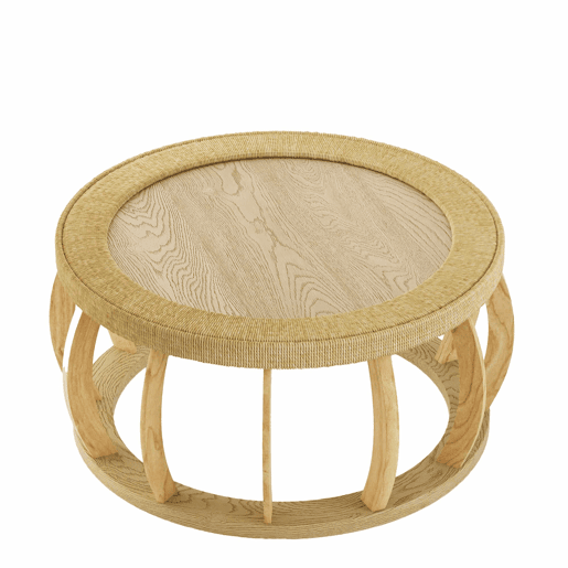 Mesa de centro redonda em rattan e madeira maciça - pernas curvas, estilo boho - natural