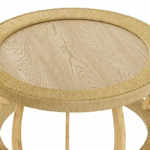 Mesa de centro redonda em rattan e madeira maciça - pernas curvas, estilo boho - natural