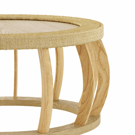 Mesa de centro redonda em rattan e madeira maciça - pernas curvas, estilo boho - natural