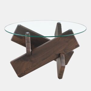 Mesa de centro redonda 79 cm - MDF e vidro, pernas em nogueira, design simples e elegante - Transparente, Nogueira