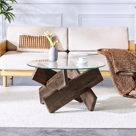 Mesa de centro redonda 79 cm - MDF e vidro, pernas em nogueira, design simples e elegante - Transparente, Nogueira