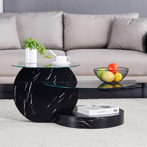 Mesa de centro em vidro temperado - design minimalista multicamadas - pretotransparente