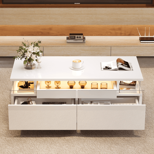 Mesa de centro 90 x 45 x 35,5 cm - com bandeja, 2 gavetas, vidro temperado, luz LED - branco