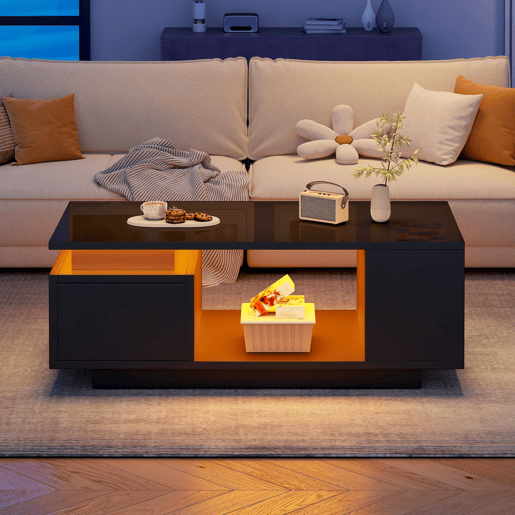 Mesa de centro 100x50x36cm - LED, alto brilho, gaveta e prateleiras laterais - Preto Mesa de centro 100x50x36cm - LED, alto brilho, gaveta e prateleiras laterais - Preto