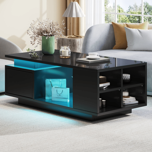 Mesa de centro 100x50x36cm - LED, alto brilho, gaveta e prateleiras laterais - Preto Mesa de centro 100x50x36cm - LED, alto brilho, gaveta e prateleiras laterais - Preto
