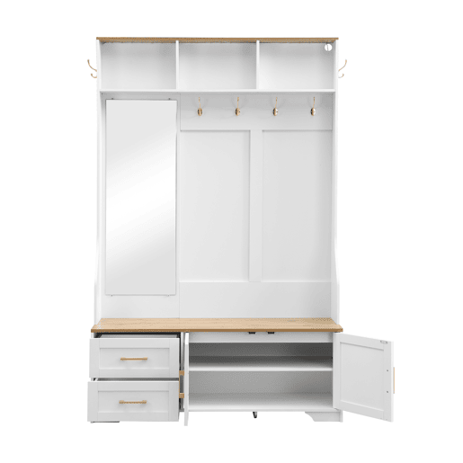 Móvel de entrada 120 L x 40 P x 187 A cm - Com espelho, LED, cabides, gavetas, branco, madeira