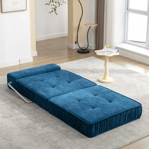Sofá-cama de 1 lugar - conversível, futon, assento reclinável, almofada traseira removível - azul